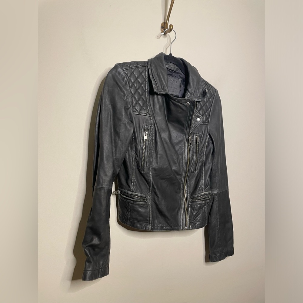 All Saints Charcoal Leather Biker Jacket - Picture 4 of 9